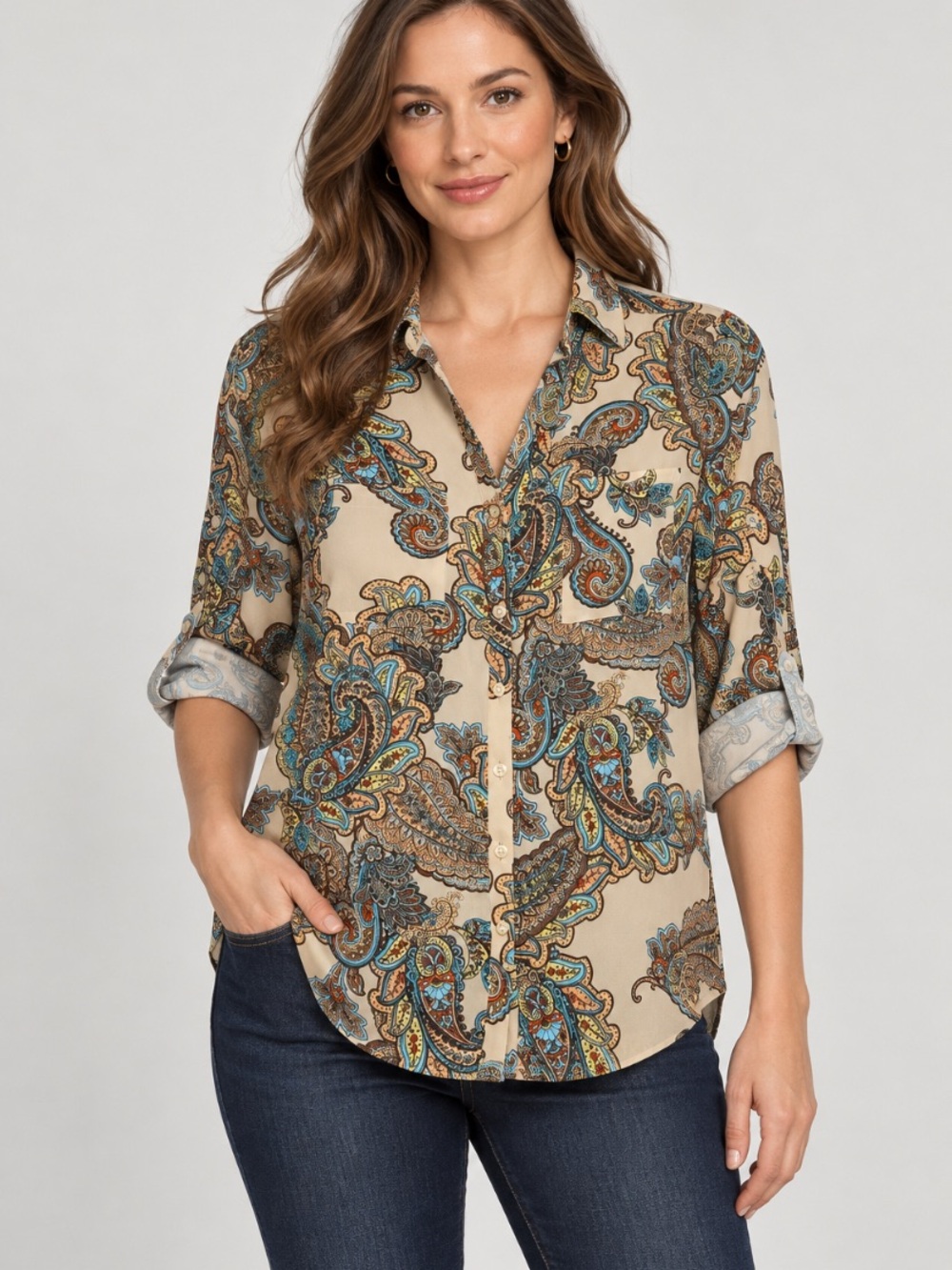 Express Beige & Turquoise Paisley Roll Tab small Blouse